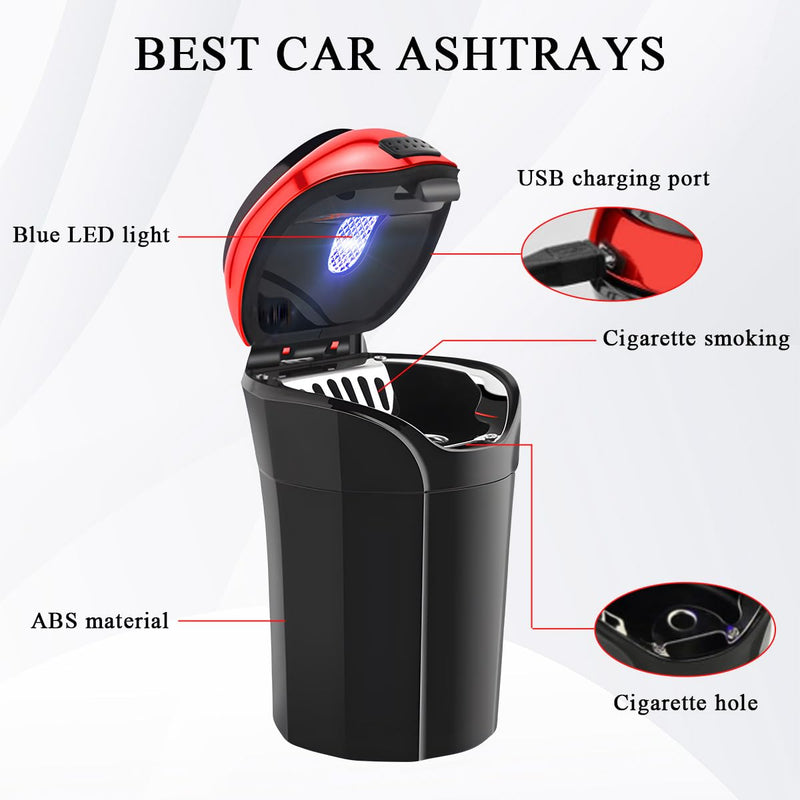 Car Ashtray with Lid, Rechargeable Stainless Auto Ashtray with LED Light Indicator, Portable Smell-Proof Ashtray Cup with Lid & Detachable Cigarette Lighter, Car Accessories (Red) Red