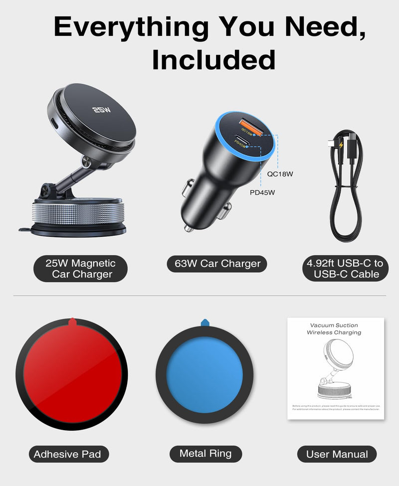 Beeasy 25W Qi2.2 MagSafe Car Mount Charger Built-in Cooling Fan, Upgraded Vacuum Suction Cup 360° Rotation, Magnetic Wireless Car Charger with 63W Adapter for iPhone 17 16 Pro Max Samsung S26 Ultra Black