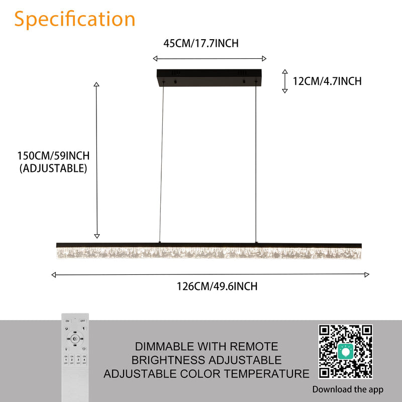 Modern Led Pendant Light, Dimmable Crystals Led Chandelier for Dining Room Light Fixture Over Table Creative Vertical Pendant Light for Kitchen Island, Dining Room, Bedroom(49.6IN) Black Water Ripples