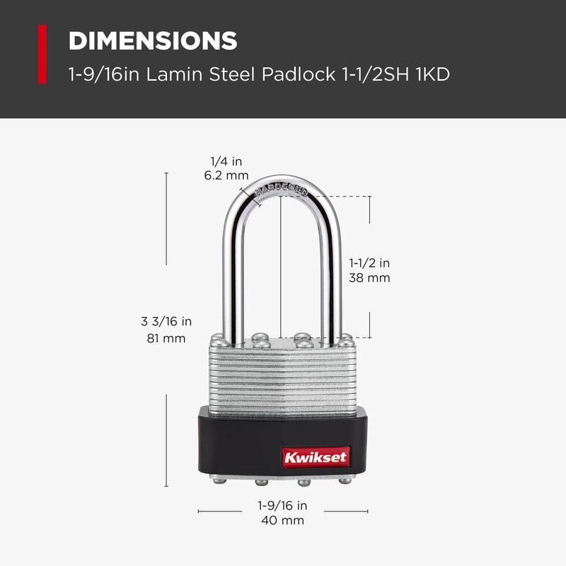 Kwikset Laminated Steel Padlock with Hardened Steel Shackle, Outdoor Gate and Fence Lock, 1-9/16 in Body, 1-1/2 in Shackle, 4 Pack Keyed Alike, Silver 1-1/2 " Shackle