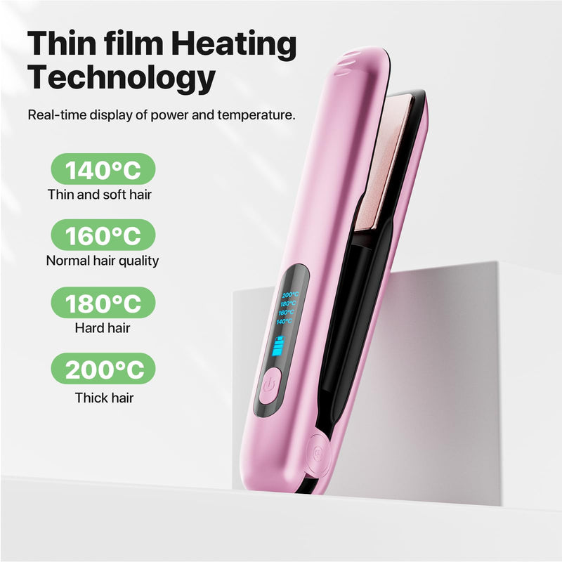 2 in 1 Cordless Hair Straightener & Curler, Wireless Mini Flat Iron for Women, USB Rechargeable Travel Hair Straighteners with 5000mAh Battery, Ceramic Coating for On-the-Go Styling Pink