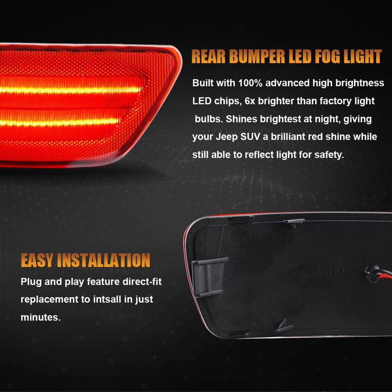  [AUSTRALIA] - D-Lumina Rear Bumper LED Reflectors Light Assembly Brake Light Fog Light Kit Compatible with Je-ep Grand Cherokee, Compass, Patriot ＆ Dodge Journey, Rear Bumper Reflector Lights Red Lens, Pack of 2
