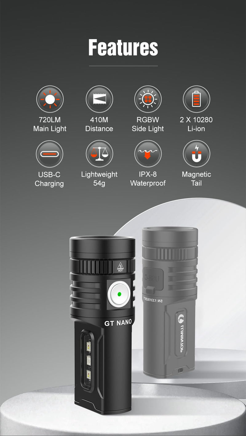 LUMINTOP GT Nano 6.0 Powerful Mini Thrower Flashlight, 720 Lumens with 410m Beam Distance, USB-C Charging, RGBW & UV Side LEDs, Magnetic Tailcap, IPX-8 Waterproof, Compact EDC Flashlight GTNANO V6 Black