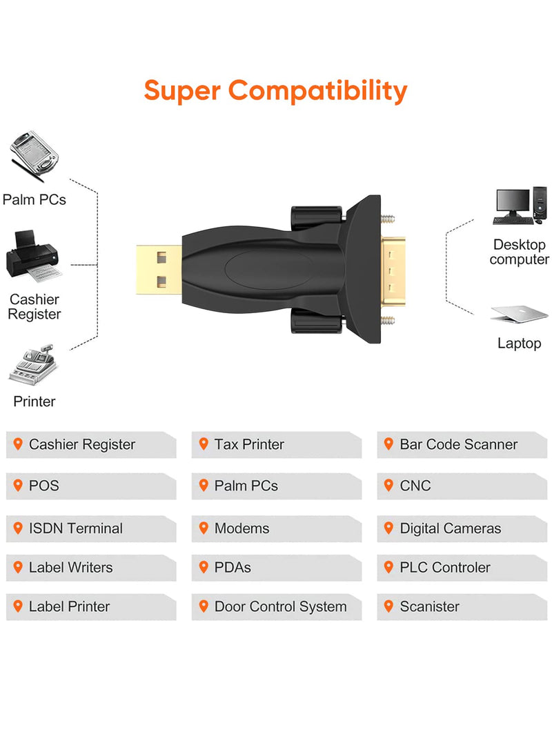 CableCreation USB to RS232 Male Adapter with PL2303 Chipset, USB to DB9 Serial Converter for Windows 11, 10, 8.1, 8, 7, Linux and Mac OS,Black PL2303 Chip-Male