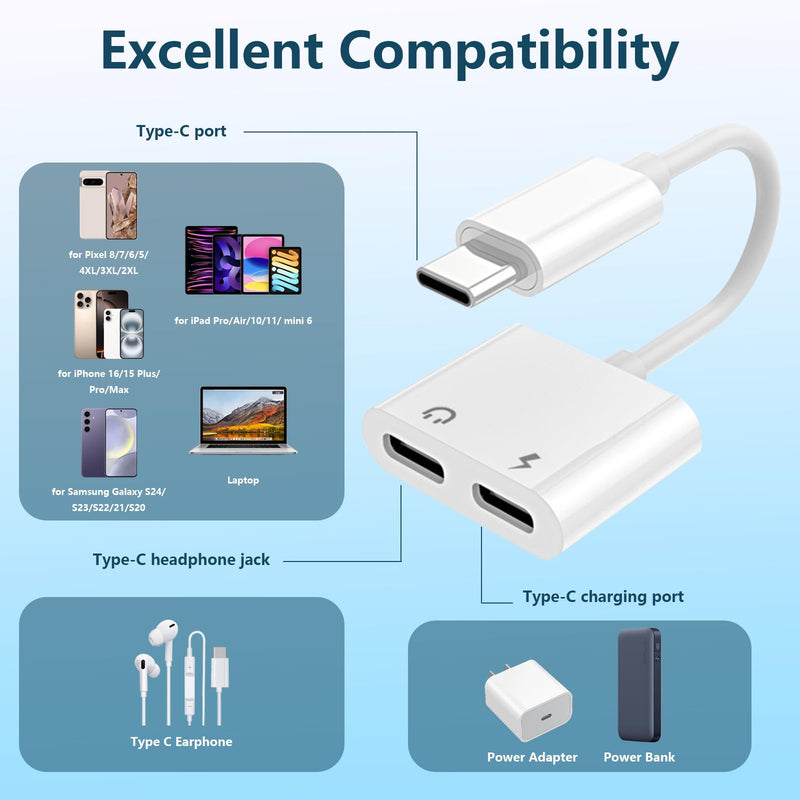 Dual USB C Headphone and Charger Adapter for iPhone, USB Type C to Aux Audio + Charge Dongle Adapter for iPhone 17/17 Pro/17 Pro Max/Air/16/16 Pro Max/15/15 Pro Max (1PACK) 1PACK
