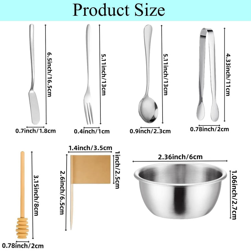 44 Pcs Charcuterie Boards Accessories,Cheese Butter Spreader Knives Set Stainless Steel Spreader Knives Forks Spoons Mini Serving Tongs Small Dipping Bowls Toothpick Flags Utensils for Party (Silver) Silver