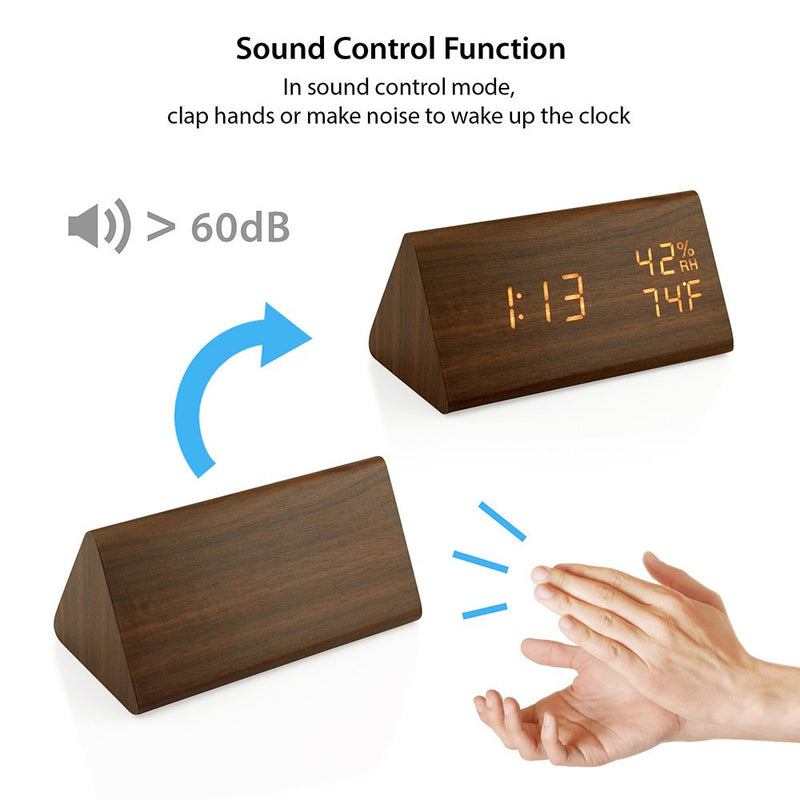 OCT17 Wooden Alarm Clock, Smart LED Digital Clock for Bedroom/desks, Upgraded with Time Temperature, Adjustable Brightness and Voice Control, Humidity Displaying - Brown