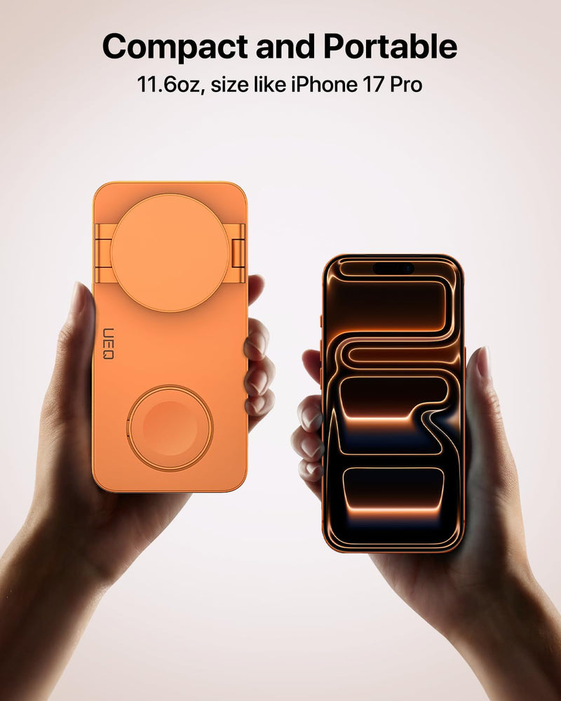 UEQ Foldable 3 in 1 Wireless Charging Station for Apple Mag Safe Charger Stand,Fast Magnetic Wireless Charger Station for iPhone 17 Air 16 15 14 13 12 Series,Airpods Pro,Apple Watch Ultra (Orange) Orange