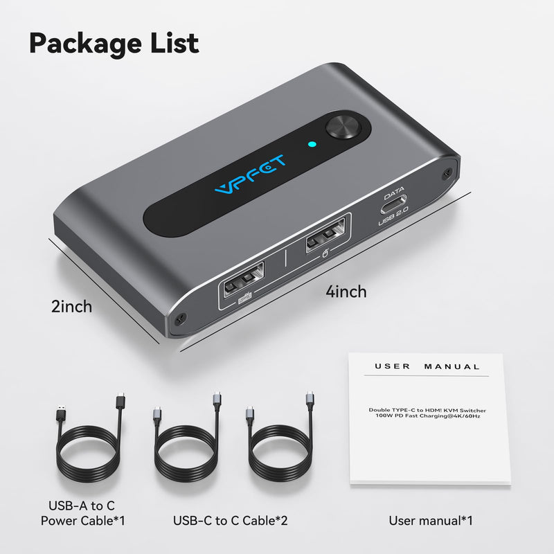 Dual USB C KVM Switch 4K@60Hz HDMI USB C Thunderbolt KVM Switch for 2 Computers 1 Monitor Up to PD 100W Charging with USB Port Mac Windows Laptop