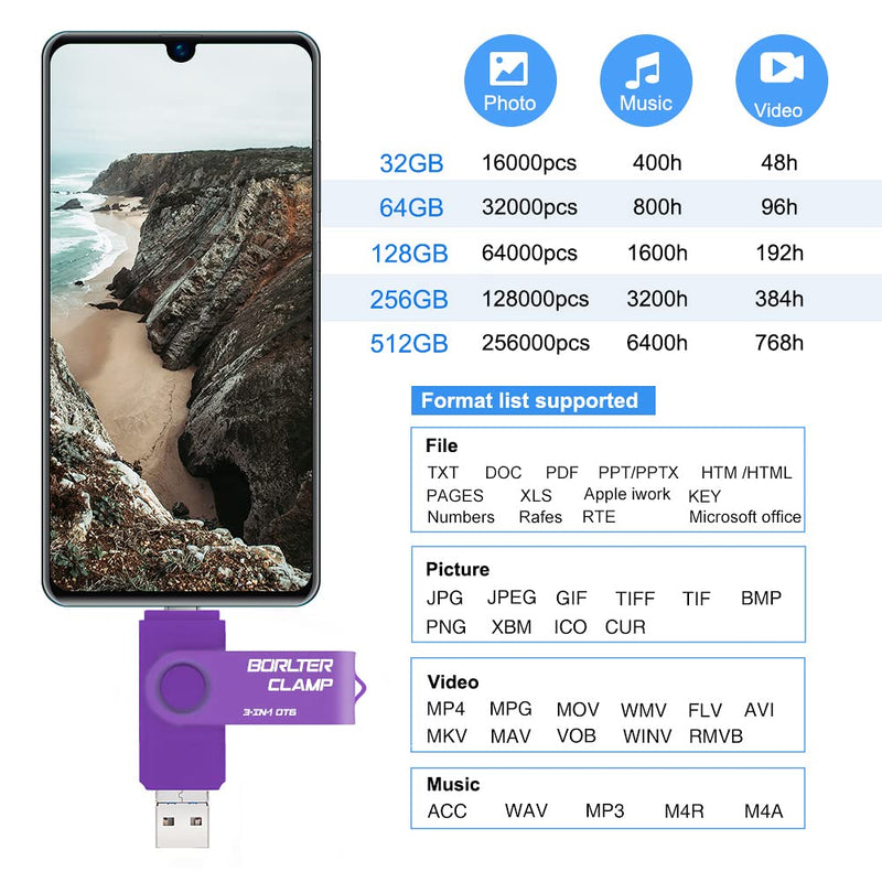 256GB 3 in 1 USB 3.0 Flash Drive Photo Stick for Android Phones, BorlterClamp OTG Memory Stick with 3 USB Ports (USB C, microUSB, USB A) for Samsung Galaxy, LG, Tablets, PC and More, Purple 256GB