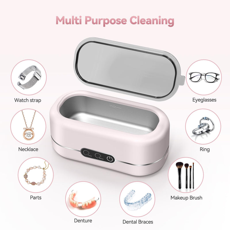 BYASKZIV Jewelry Cleaner Ultrasonic Machine, Upgraded 48KHz Ultrasonic Cleaner with 304 Stainless Steel for Jewelry, Eyeglasses, Rings, Watch Strap, Dentures-Pink Pink