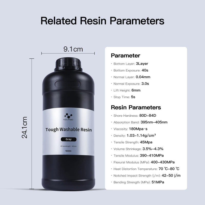 NOVA3D Water Washable ABS-Like Tough Resin, High Toughness 3D Printing Photopolymer Resin, 405nm UV Fast Cure for 12K/14K/LCD/DLP/SLA Printers, Low Odor (Grey, 1kg) Grey1kg 1000g