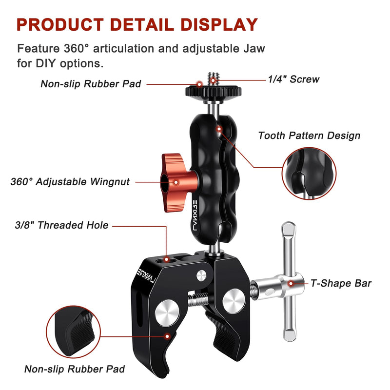 Super Clamp Camera Mount with Double Ball Head Adapter - Compatible with Canon Nikon DSLR, Gopro, LED Lights, Ronin-M/MX, Freefly MOVI - 360° Rotation - 1/4"-20 & 3/8"-16 Threaded Holes