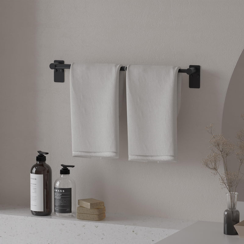 Towel Bar, 14inch to 25inch Adjustable Towel Holder Rod, Self Adhesive Wall Mounted Hand or Body Towel Rack for Bathroom Kitchen, Stainless Steel Organizer Single Bar (Matte Black, 2 Pack) Standard Length–black