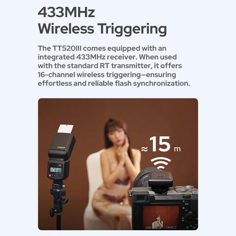 Godox TT520 III Wireless Camera Flash with 433MHz Receiver Single-Contact Hotshoe 8 Power Adjustment Wireless Camera Flashlight Flash for Digital Camera
