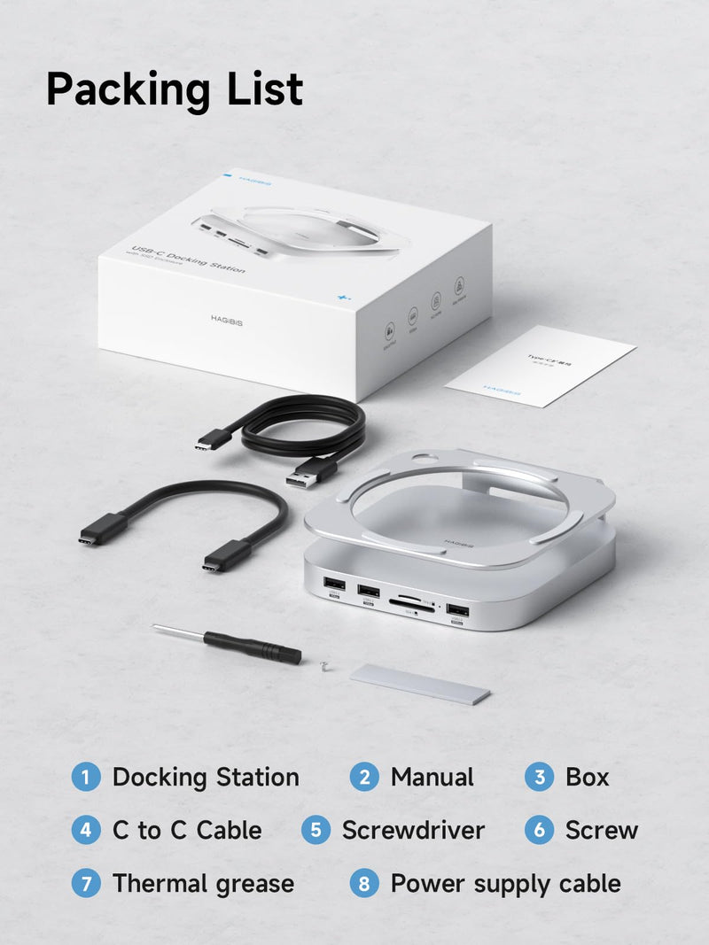 Hagibis Mac mini M4 Hub & Stand with SSD Enclosure, 3 in 1 USB Type-C Docking Station with M.2 NVMe SSD Case, 10Gbps USB3.2 Gen2, SD4.0, TF4.0, 5V/2A Power Supply for M4 Pro (MC60) MC60