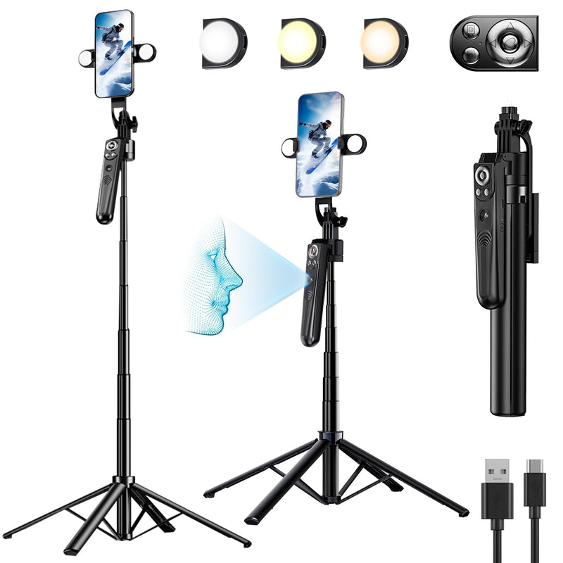 Auto face tracking tripod 360 rotation,70" Expandable selfie stick tripod,face body tracking phone tripod selfie stick, with fill light auto tracking tripod,Remote & Gesture Control tripod