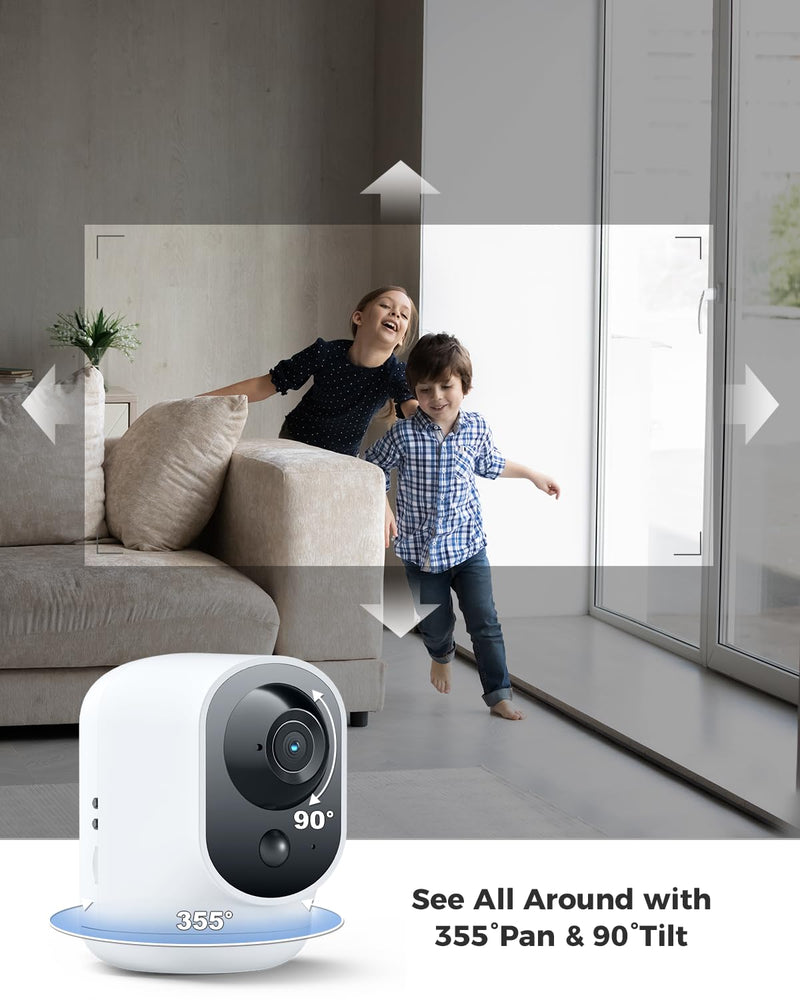 COCOCAM 2K Indoor Pan/Tilt Security Camera with 5200mAh Battery, WiFi Camera,Wireless for Baby Monitor/Pet/Home Security, AI Recognition, PIR Human Detection, 2.4G WiFi (White) white