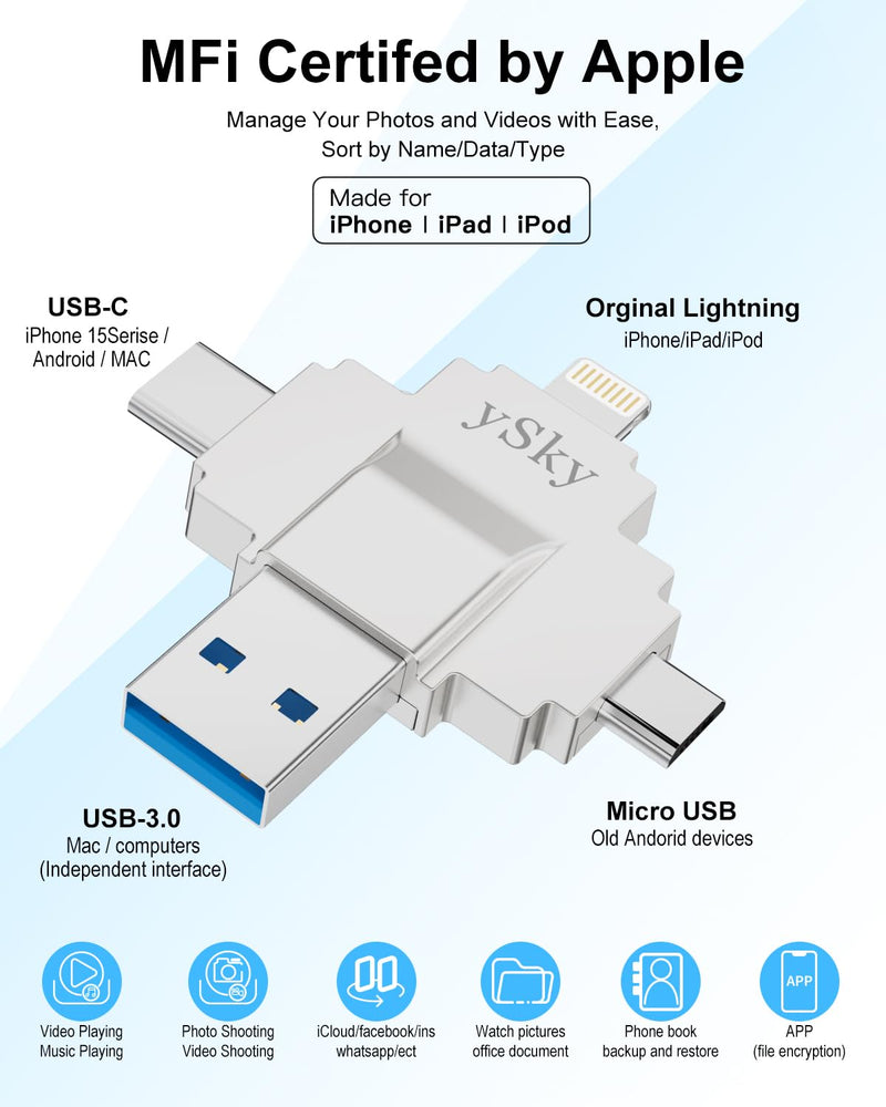 MFi Certified 512GB Photo Stick for iPhone Flash Drive,4 in1 External Storage Thumb Drive for iPhone Photos Videos Contacts Backup,USB C Memory Stick Flash Drives for iPhone/iPad/Android/PC/MAC 512G
