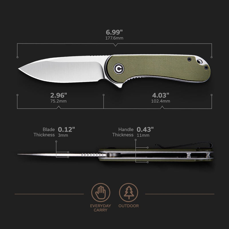CIVIVI Knives Elementum Folding Pocket Knife 2.96" D2 Satin Blade,G-10 Handles C907E (Green) Green