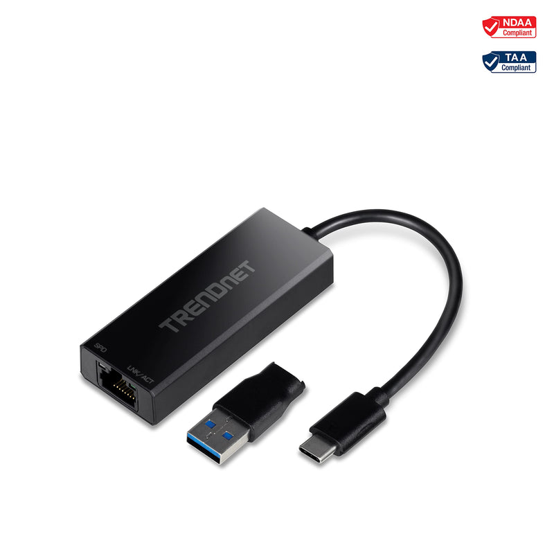 TRENDnet USB-C 3.1 to 2.5GBASE-T Ethernet Adapter, TUC-ET2G, NDAA & TAA Compliant, Windows & Mac Compatible, USB Type-C to USB-A Converter Included, Up to 2.5Gbps Speeds, Black USB-C | USB 3.1 2.5 Gbps