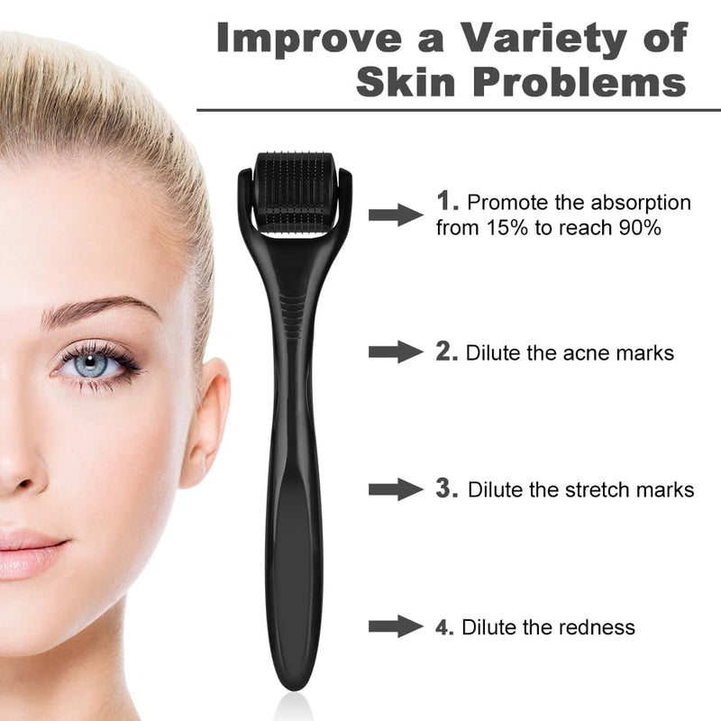 LOPHE Derma Roller, 0.5mm Microneedle Derma Roller for Men and Women, Professional Microneedling Derma Needling, Micro Needle Roller Facial Wrinkles Hair Loss Stretch Marks Hair Regrowth Black head + black handle