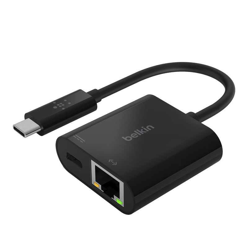 Belkin USB-C to Ethernet + Charge Adapter - Gigabit Ethernet Port Compatible with USB-C Devices - USB-C to Ethernet Cable for MacBook Air, MacBook Pro & Windows - Ethernet to USB-C Adapter - Black Ethernet + Charging (60W)