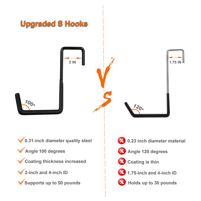 4 Pcs Rafter Hooks, Upgraded Fence Hangers, Heavy Duty Bike Hanger for Garage, Ladder Hook, Black Large S Hooks for Hanging Hose, Plants, Chairs, Bikes, Ladders, Cords and More 4Pcs garage hangers