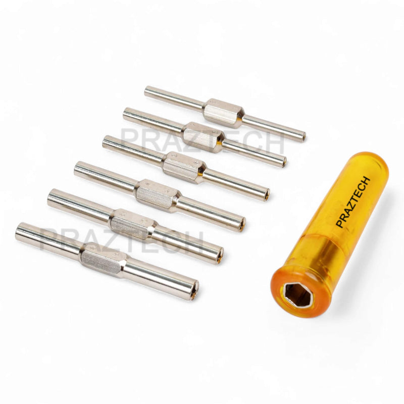 PRAZTECH® Clock Mainspring Let-Down Key Tool Kit | Includes 6 Double-Ended Chuck Rods (12 Arbor Sizes) + Ergonomic Handle | Clock Winding Arbor Release Tool for Watchmakers & Repair