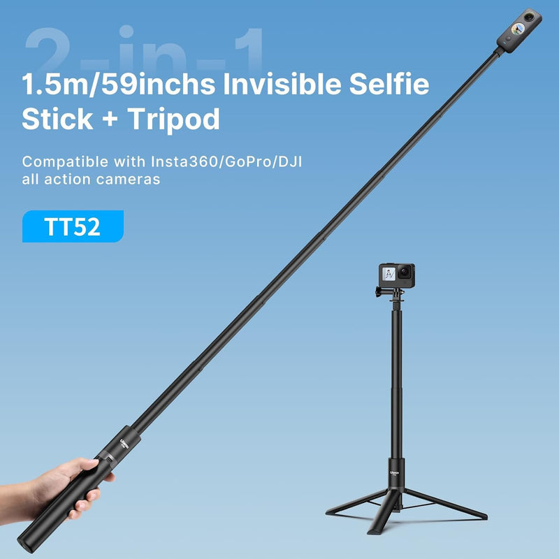 ULANZI TT52 Extendable Selfie Stick 59inch Tripod Invisible Tripod Stand Foldable Handle Grip for INSTA360 X4 X3 Video Shooting w Adapter for GoPro Hero 12, 11, 10, 9, 8, 7, 6, 5 etc