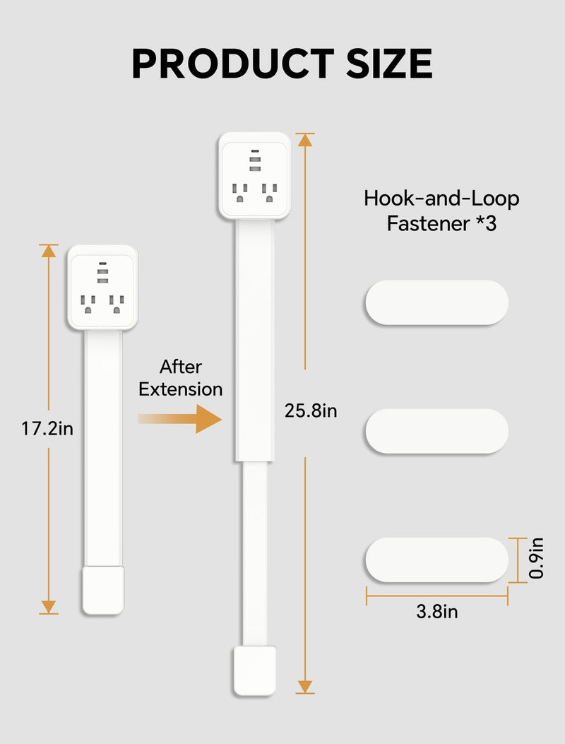 Outlet Extender Stick 17.2''–25.8'' Adjustable with USB C & 2 USB Ports, Electrical Outlet Extender with 2 AC Outlets, Flexible Rotat Plug for Multi-Angle Use in Home, Office, RV Tight Spaces White