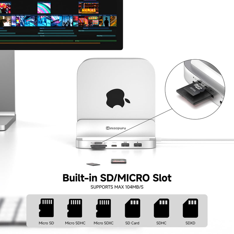 Minisopuru iExpandMate MINI218B MAX Mac mini M4 Dock & Stand with 4K@60 HDMI, 4TB M.2 NVMe SSD Enclosure,10Gbps USB C/A, TF& SD, 2X USB A 2.0, Audio Jack, for Mac mini M4/M4 Pro 2024