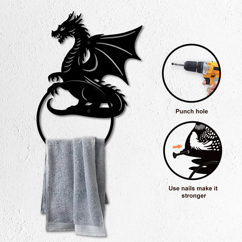 MAYJOYDIY Dragon Pattern Towel Ring Metal Hand Towel Holder Flying Dragon Side Towel Ring Wall Mounted Animal Hand Towel Holder Metal Round Towel Rack for Bathroom Home Hanging Accessories