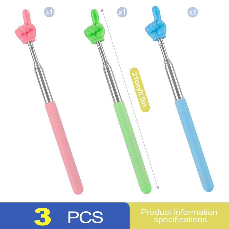 3 Pack Retractable Teacher Pointer Stick, Telescoping Extendable Finger Pointing Stick for Classroom Kids Reading, Collapsible Hand Pointer for School, Social Distancing Stick Green Pink Blue