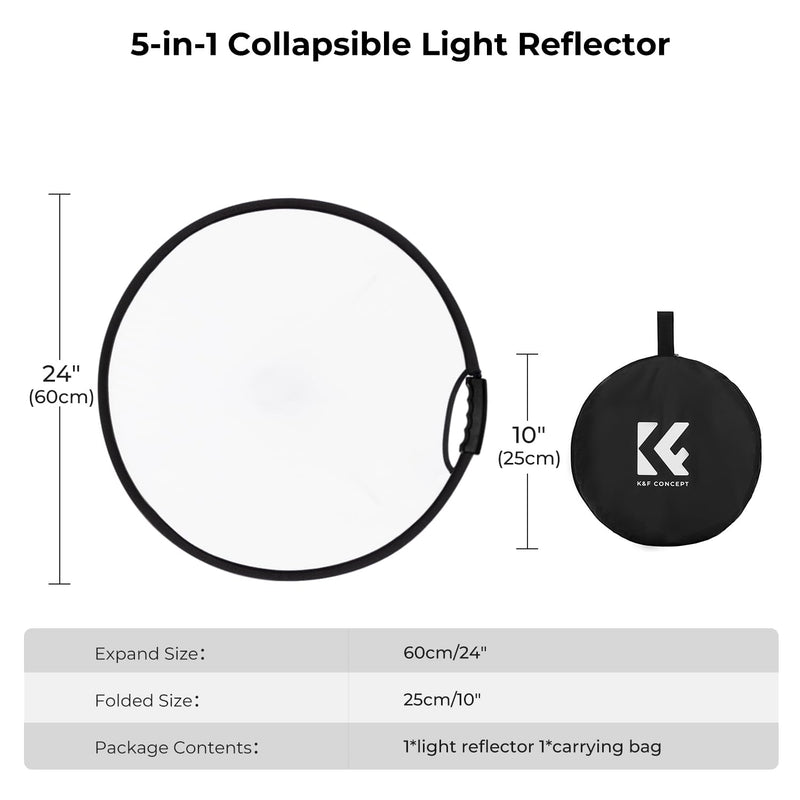 K&F CONCEPT 5-in-1 Light Reflector with Grip 22"(60cm) Photography Diffuser Collapsible Portable for Studio and Outdoor Lighting Gold Silver White Black Translucent 22'' (60cm)