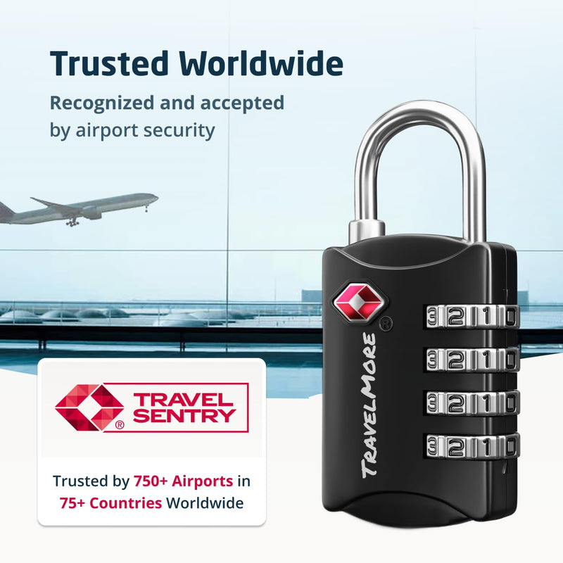 Luggage Locks TSA Approved, 4-Digit Travel Combination Locks | TSA Accepted, Easy to Use, Compact, Lightweight, Durable, Zinc Alloy Body, for Suitcases, Backpacks, Zippers, 5-Pack, Black 5 Pack