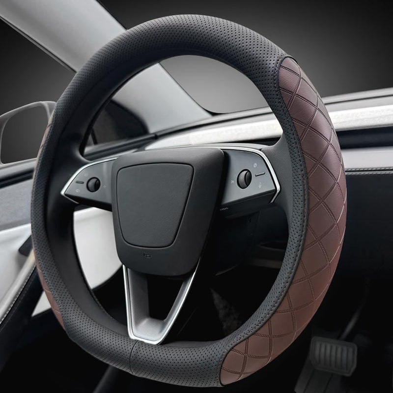 LKWLIKEI Leather Steering Wheel Cover. Elegant Diamond Checkered Design, Non-Slip and Breathable, for Tesla Model 3/Y Steering Wheel Protector,Black Brown Black Brown
