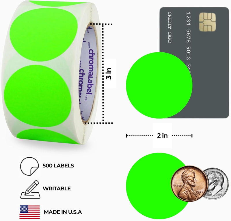 ChromaLabel 2 Inch Color Coded Stickers, Color Coding Label Dots, Fluorescent Green Write On Label, Permanent Circle Stickers, 500 Round Labels per Roll 2"