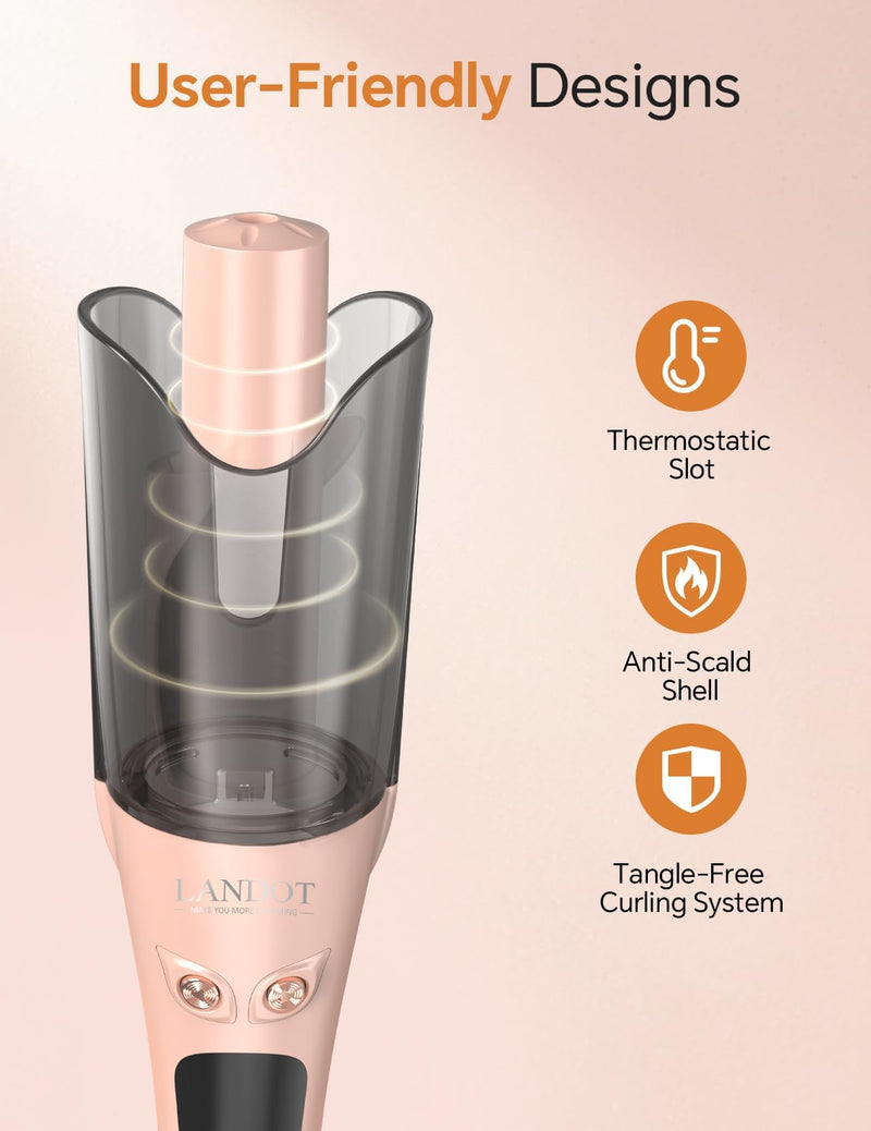 LANDOT Automatic Curling Iron, Self Rotating Hair Curler 25mm, Anti-Scald | Tangle-Free Curling Tongs, Salon Curls & Beach Waves, Fast 30s Heating, Ceramic Barrel, Dual Voltage, Travel & Daily Styling Gold