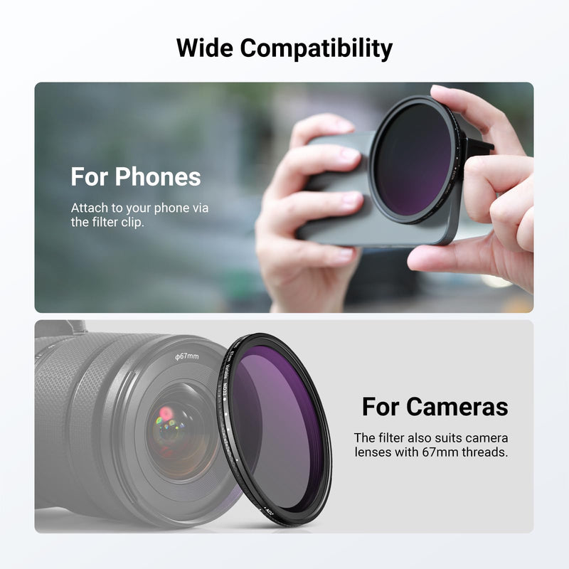 NEEWER 67mm Variable ND Filter & Threaded Phone Clip Set, Adjustable ND2-32 HD Neutral Density Mobile Photography Accessories, Compatible with iPhone 17 Pro Max Samsung S26 Ultra