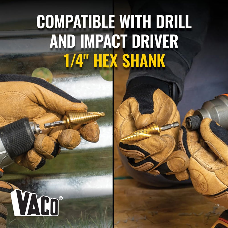 Klein Tools 25960 Step Drill Bit, 7/8 to 1-3/8-Inch, Spiral Double-Fluted, Cut Thin Metal, Plastic, Aluminum, Wood, 1/4-Inch Hex Shank, VACO