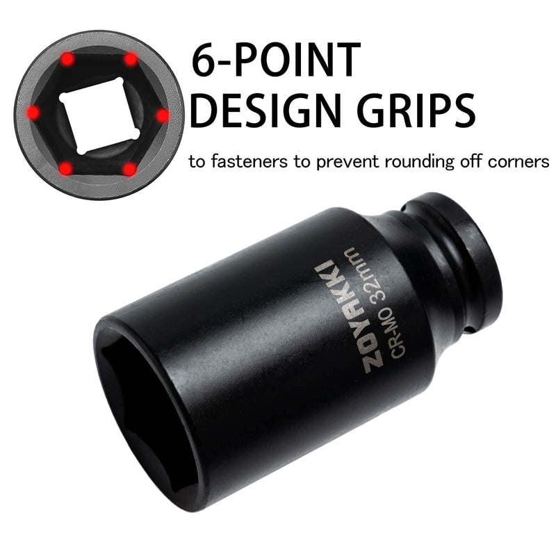 1/2" Drive x 32 mm Deep 6 PT Impact Socket, CR-MO,1/2-inch Drive 6 Point Axle Nut Socket for Easy Removal of Axle Shaft Nuts (Metric 32MM) 1/2" Drive Deep