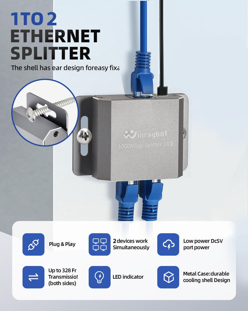 ethernet Splitter 1 to 2 ethernet hub 2 Port,RJ45 Cable Splitter fixable RJ45 Internet Switch Internet Splitter, 1000Mbps for Cat 5/5e/6/7/8 Cable,Can be Fixed to The Wall