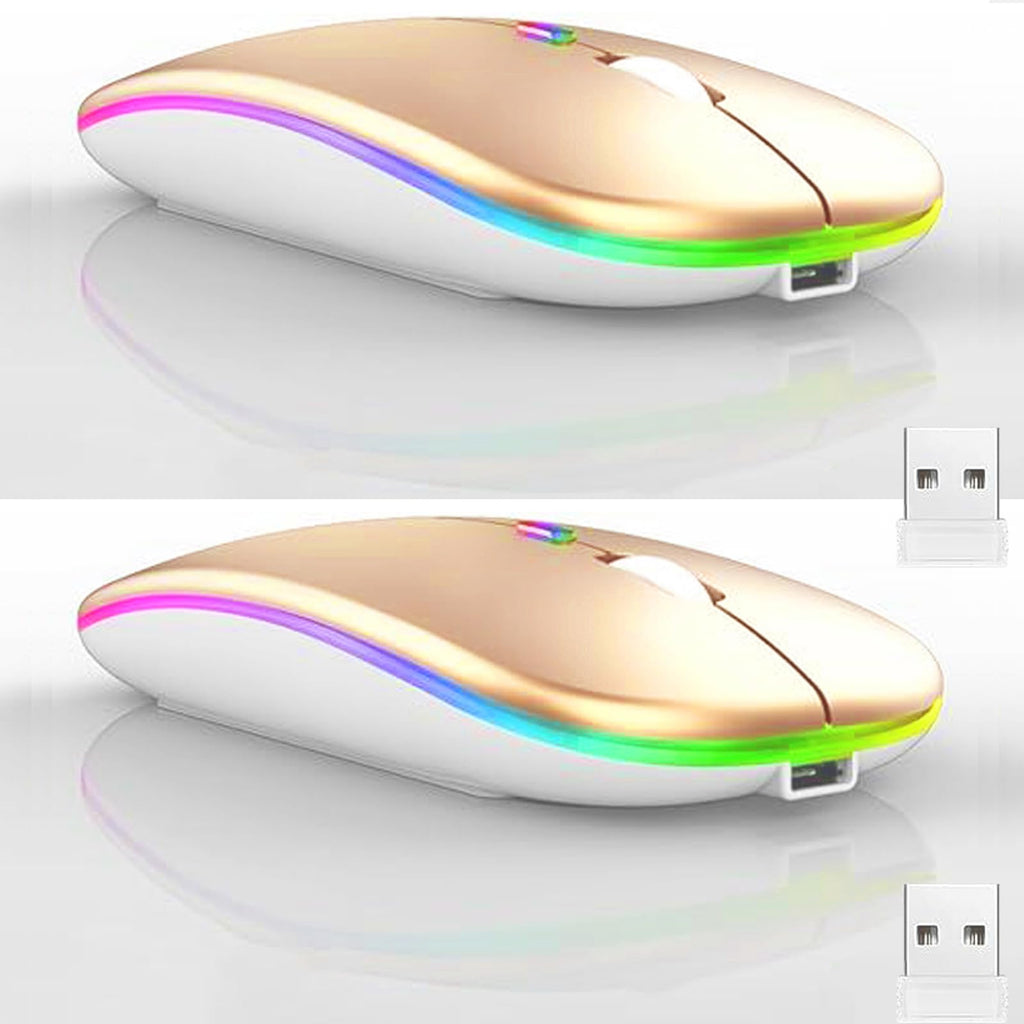 2 Pack Wireless Bluetooth Mouse,LED Dual Mode Rechargeable Silent Slim Laptop Mouse,Portable(BT5.2+USB Receiver) Dual Mode Computer Mice,for Laptop,Desktop Computer,Tablet,Phone,TV (Gold) 2 pack gold