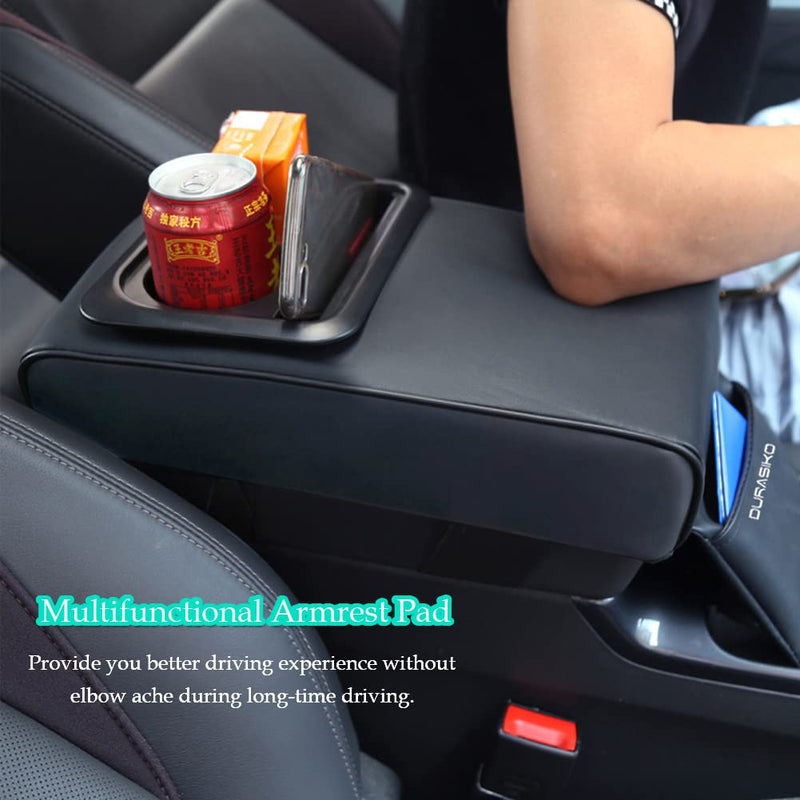 Car Center Console Pad with Front Storage Pocket for Phone,PU Leather Armrest Cushion with Cup Holder,Elbow Rest Pillow,Universal Car Armrest Seat Box Cover Protector for Most Vehicles Beige