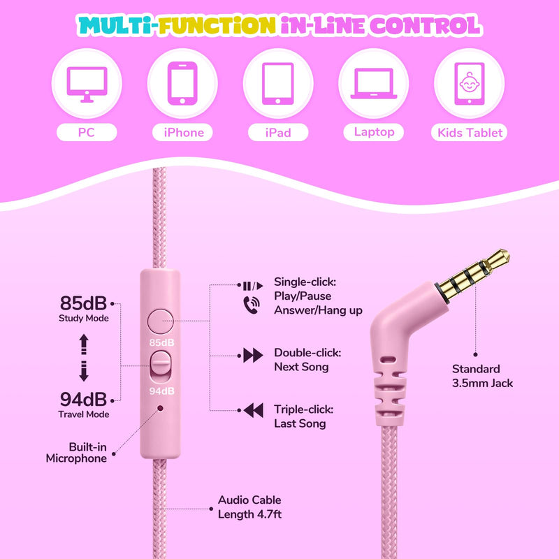 Owliwise Kids Headphones for School and Travel, Safe 85/94dB Volume Limiter, HD Microphone, Stereo Sound, Over-Ear Foldable Wired Headphones, 3.5mm Jack for iPad Cord, Chromebook, Boys Girls Pink
