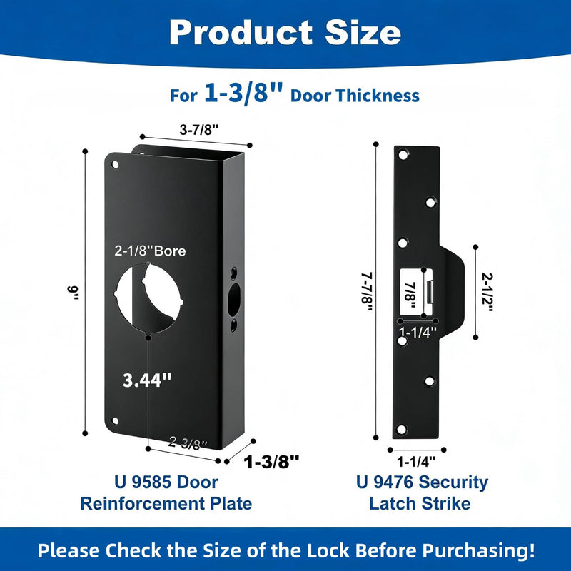 Black U 9585 Stainless Steel Lock and Door Reinforcement Plate fits 1-3/8" Thick Doors and Includes The Black U 9476 Security Latch Strike kit