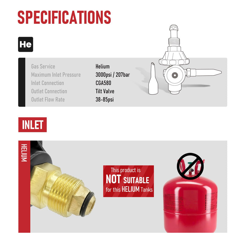 RX WELD Helium Latex Balloon Filler Air Flow Inflator Regulator 0-3000 PSI with Gauge for CGA580 Tank Valve
