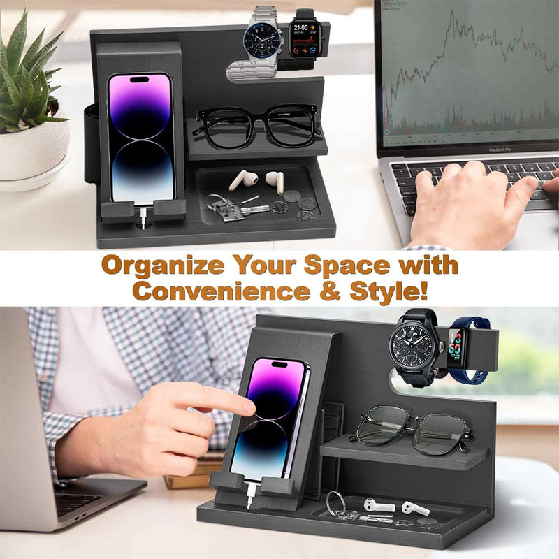 Wood Phone Docking Station - Gifts for Men Desk or Nightstand Organizer - Birthday Gifts for Husband, Fathers Day for Dad - Anniversary Idea from Wife - Key Holder, Stand Wallet, Watch & Essentials lassic stand - Black