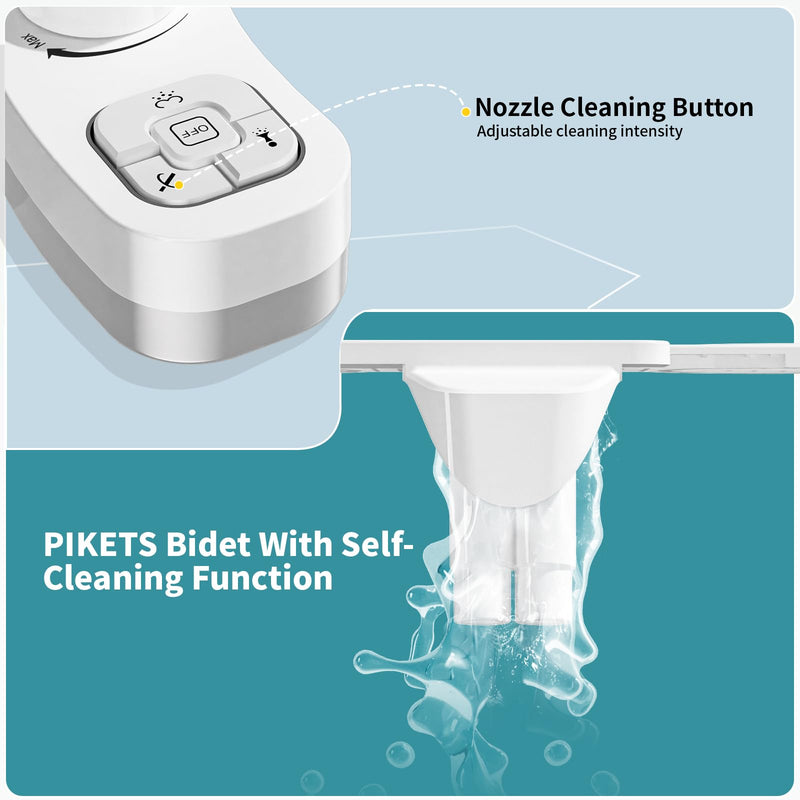 PIKETS Bidet Attachment for Toilet, Dual Nozzle (Frontal and Rear Wash) Non-Electric Fresh Water Bidet Toilet Seat Attachment with Nozzle Self Cleaning, Adjustable Water Pressure (White)